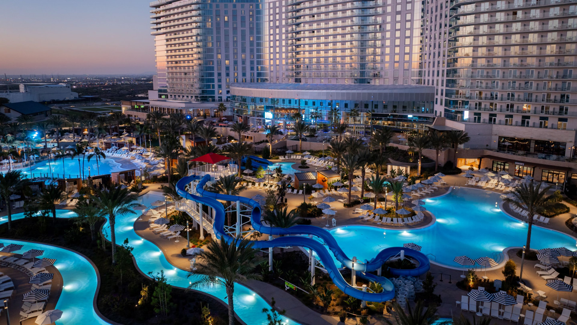 Gaylord Pacific resort pools and marina at dusk