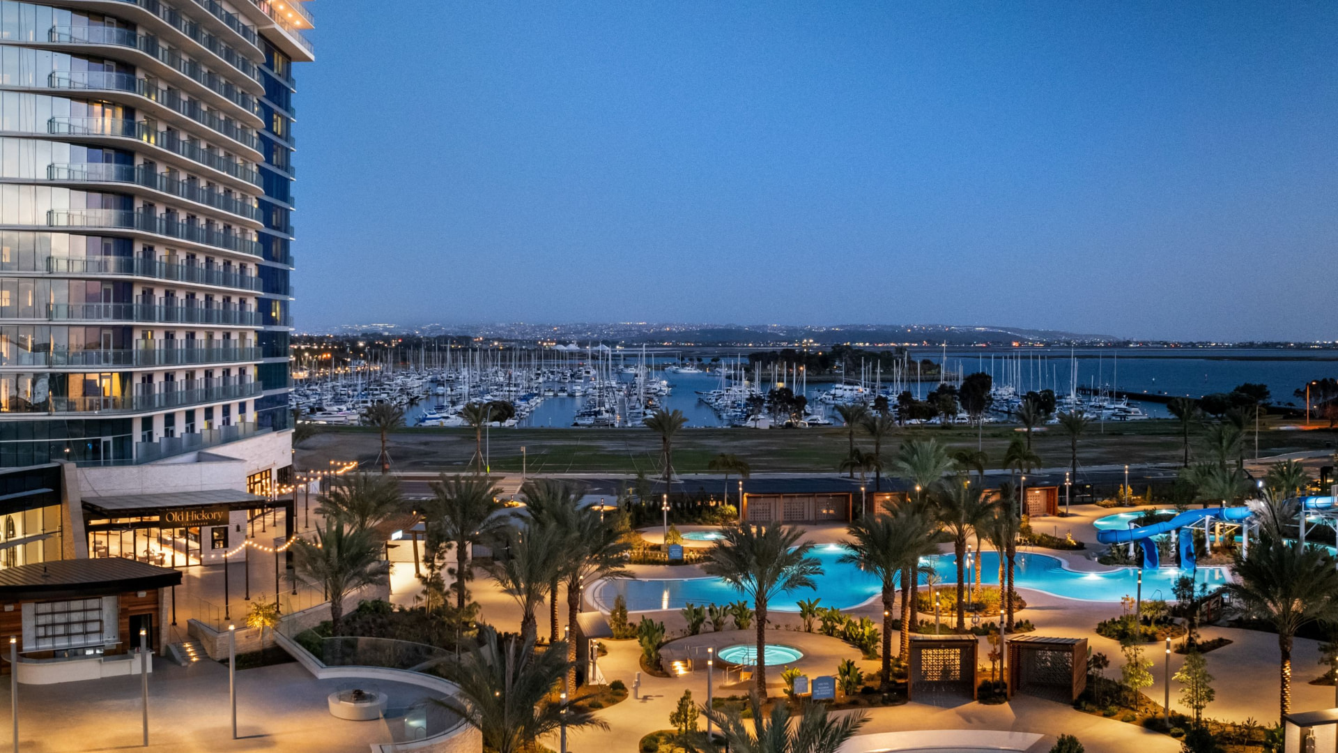 Resort convention centre exterior at golden hour