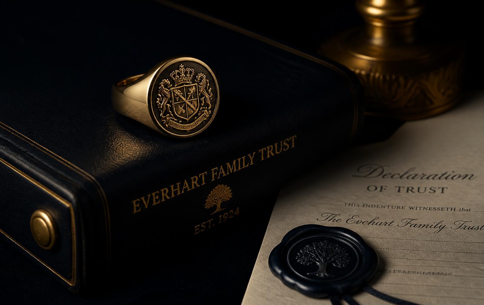 Gold signet ring engraved with a family crest resting on a leather trust binder beside a sealed declaration of trust