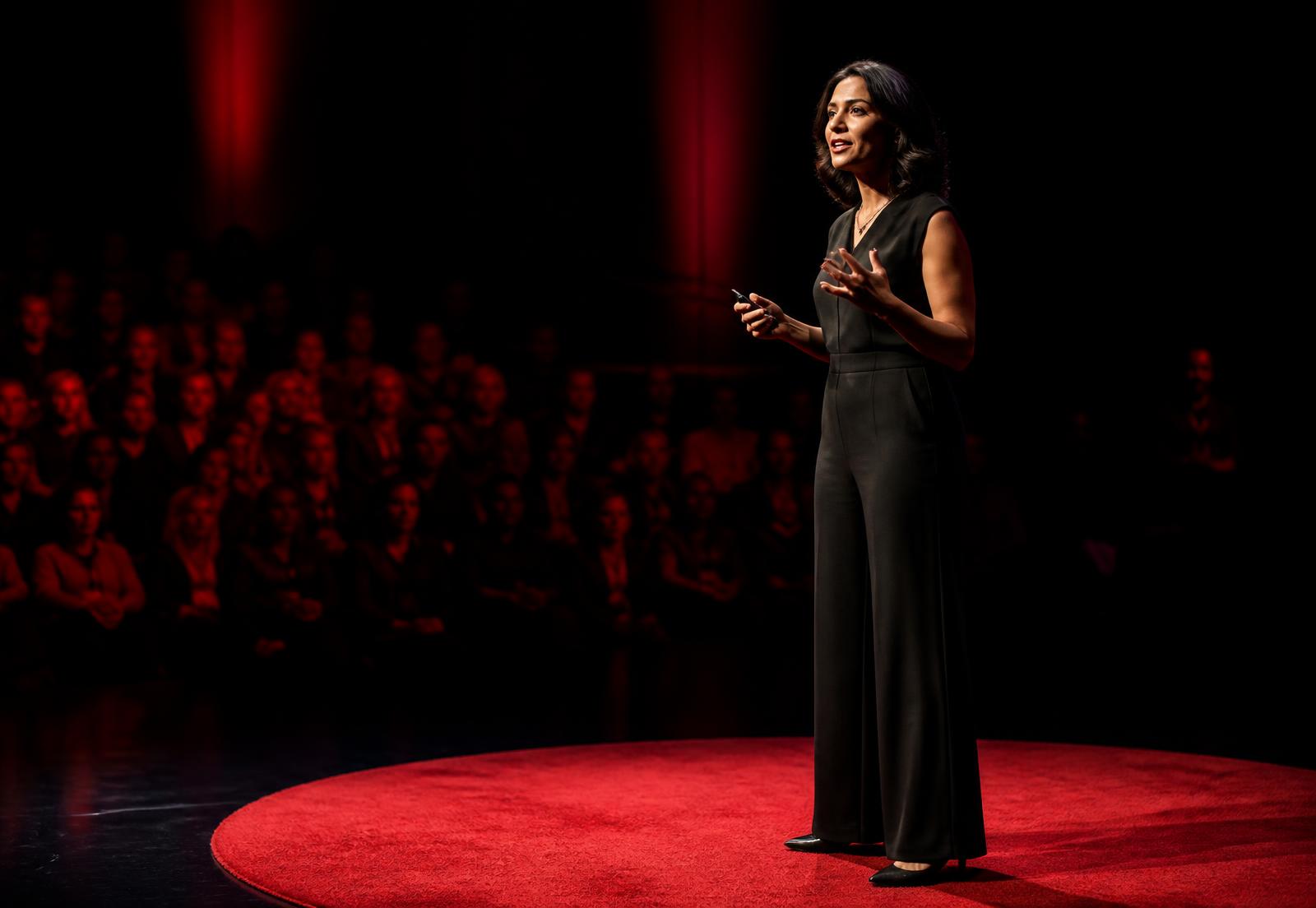 Speaker on the TEDx stage under dramatic lighting