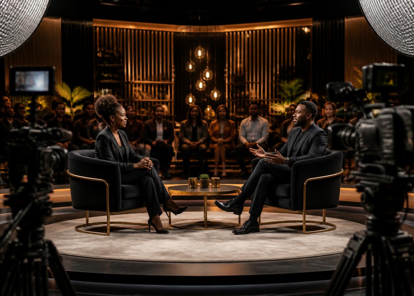 Interview studio set with warm lighting