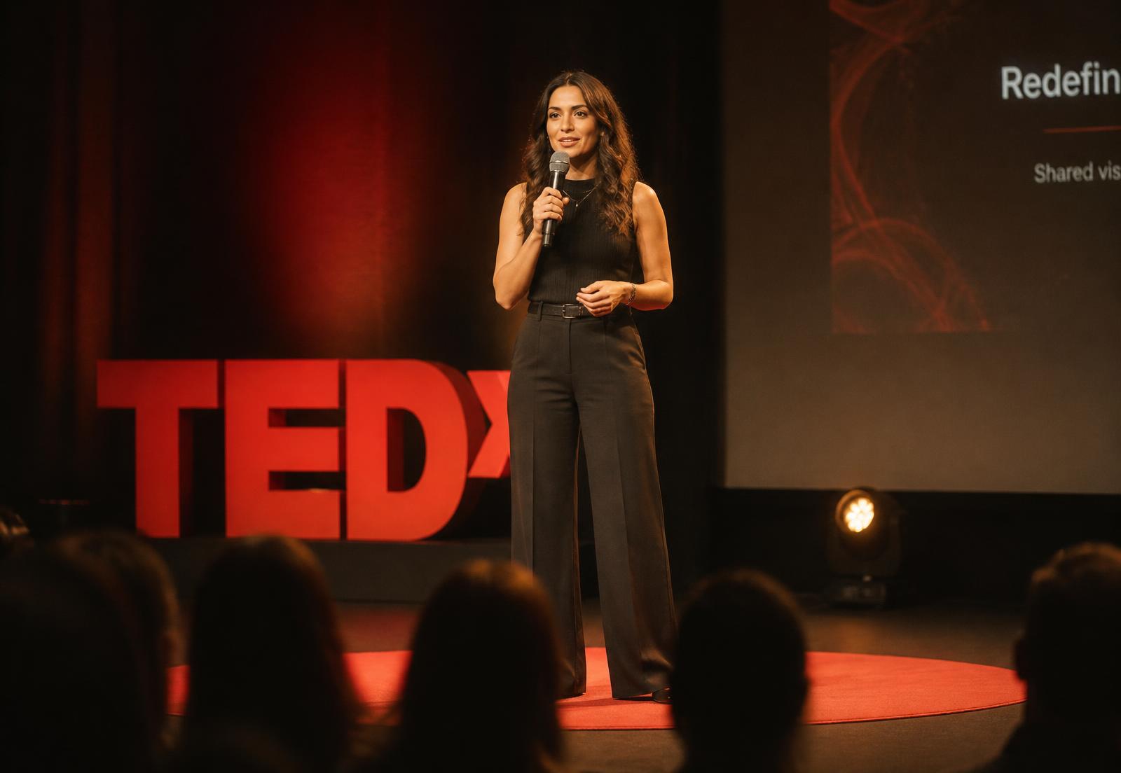 Speaker mid-talk on the TEDx stage