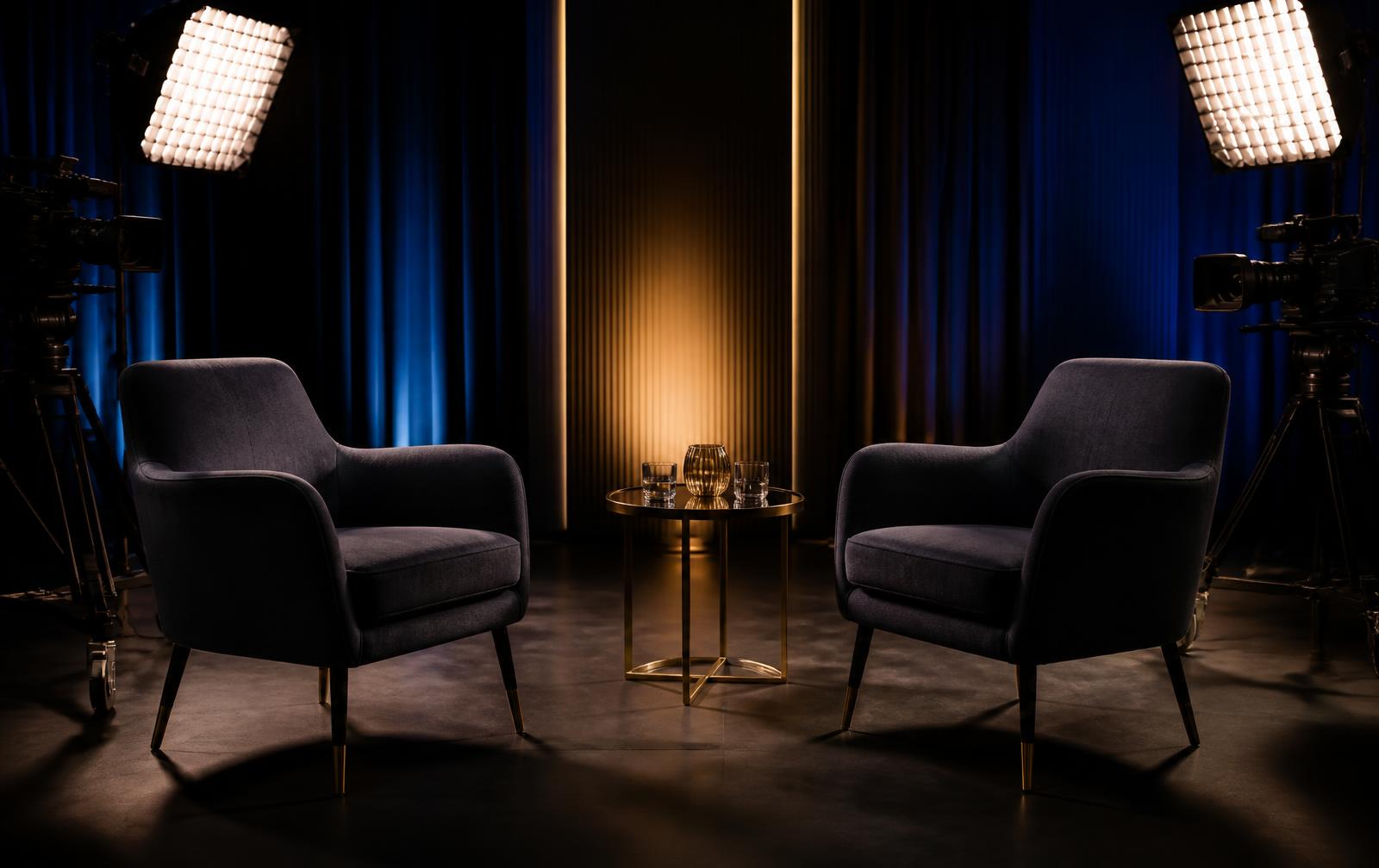 An interview studio lit for a one-on-one conversation